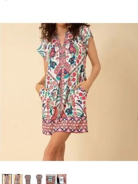 Hale Bob Floral Paisley Shift Dress in White, Pink & Teal